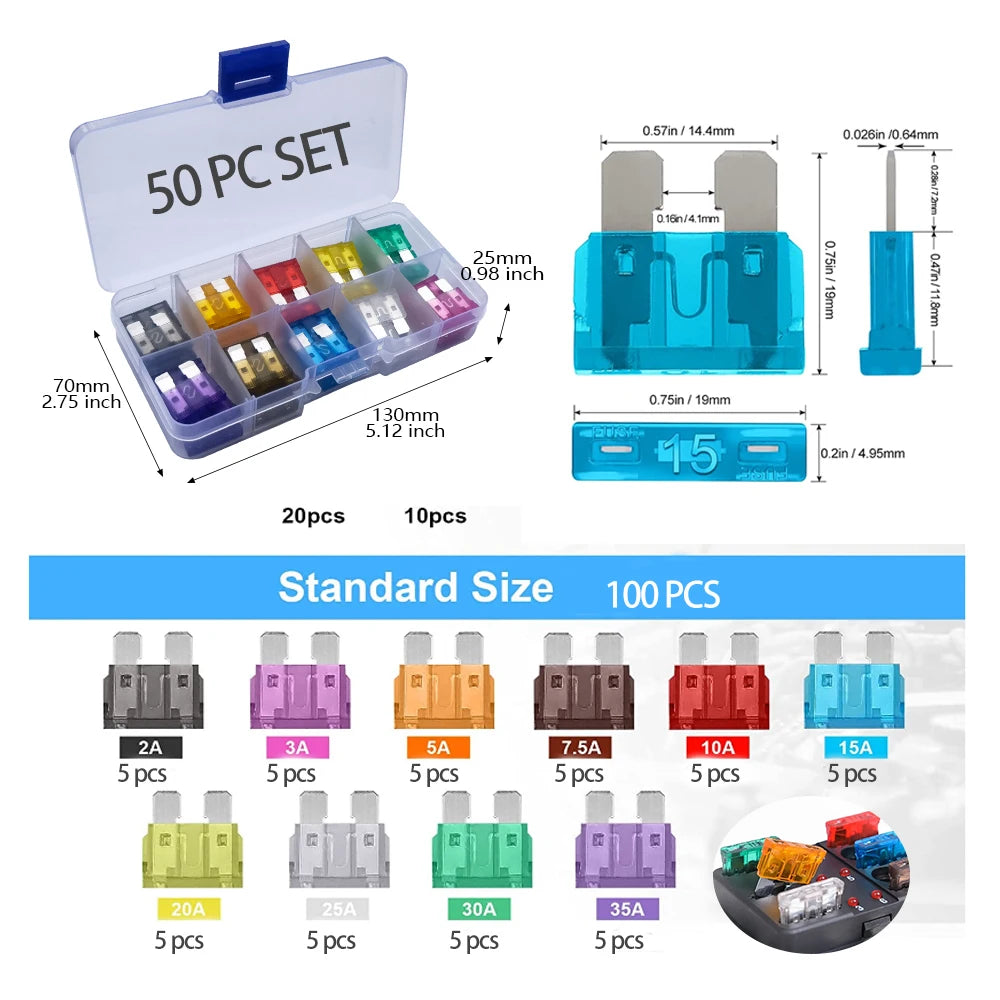 100pcs Car Blade Fuses Set – 2A to 35A Assorted Automotive Fuse Kit for Car/RV/Truck