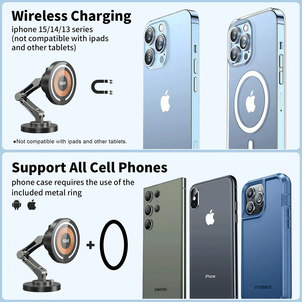Magnetic Car Phone Holder & Wireless Charger 15W | מעמד טלפון מגנטי עם טעינה אלחוטית 15W