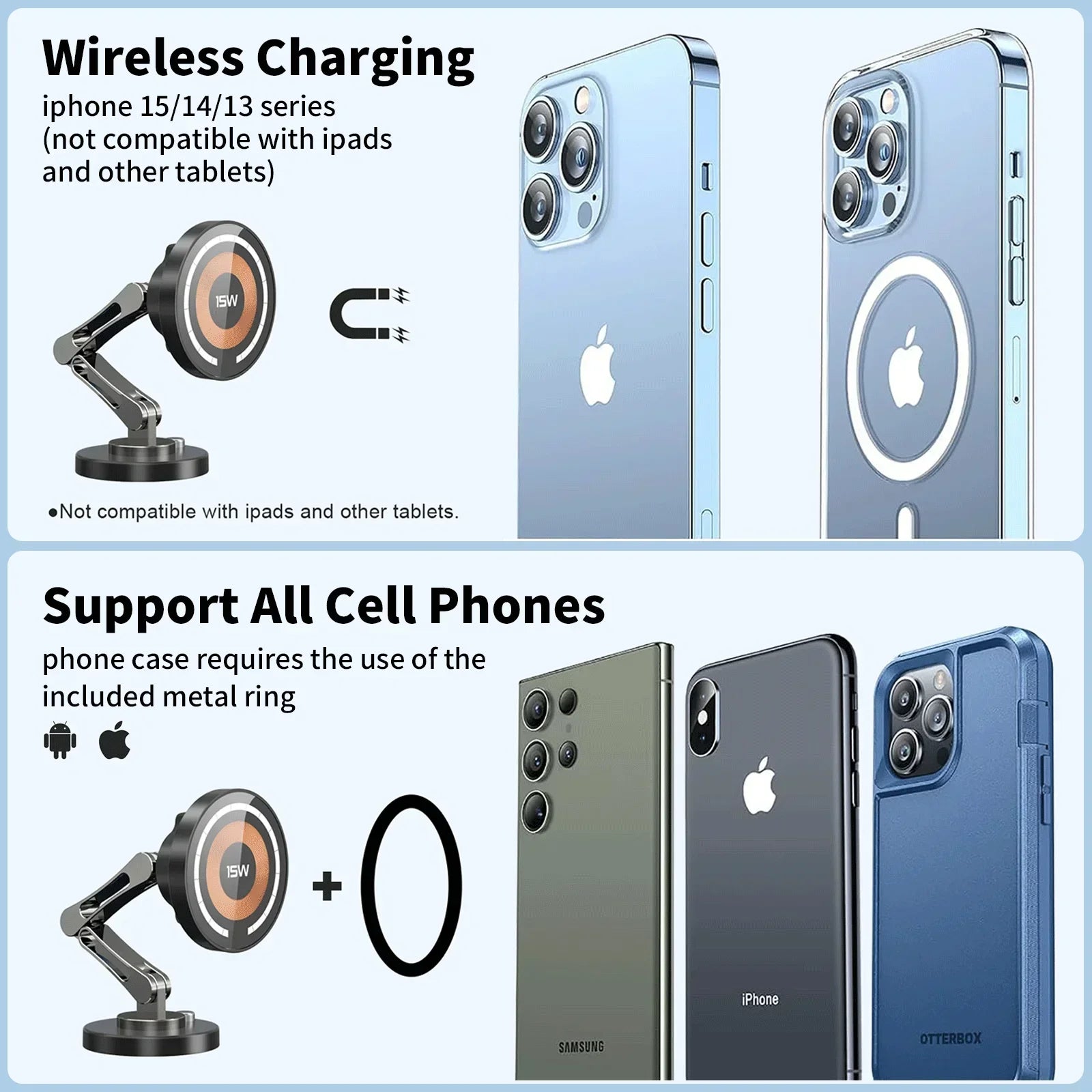 Magnetic Car Phone Holder & Wireless Charger 15W | מעמד טלפון מגנטי עם טעינה אלחוטית 15W