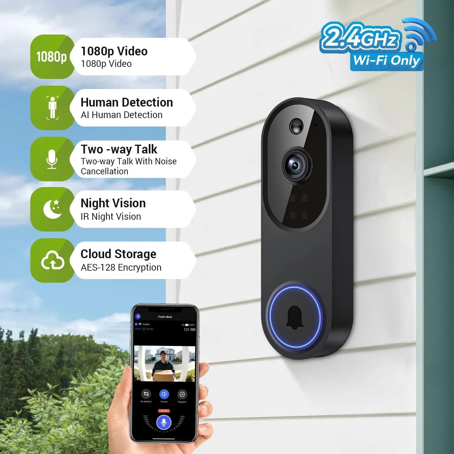 Wireless Video Doorbell 1080P AI Night Vision | דלתון חכם 1080P ראיית לילה AI