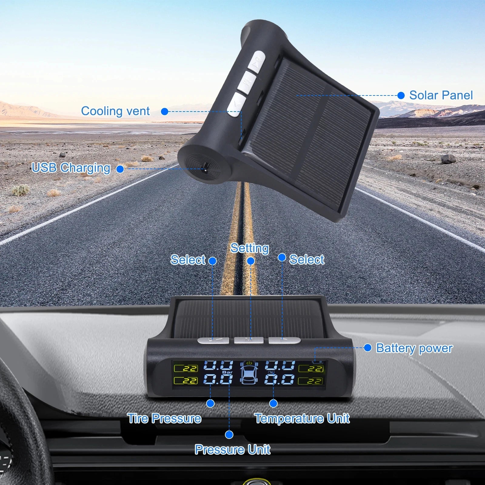 TPMS Solar Tire Pressure Monitoring System – 4 Wheel Sensor Car Tire Pressure Alarm (Internal/External)