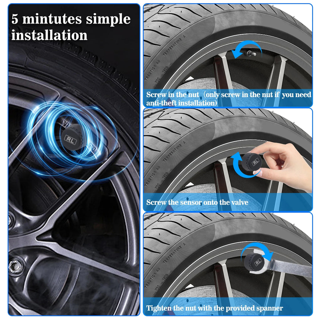 TPMS Solar Tire Pressure Monitoring System – 4 Wheel Sensor Car Tire Pressure Alarm (Internal/External)