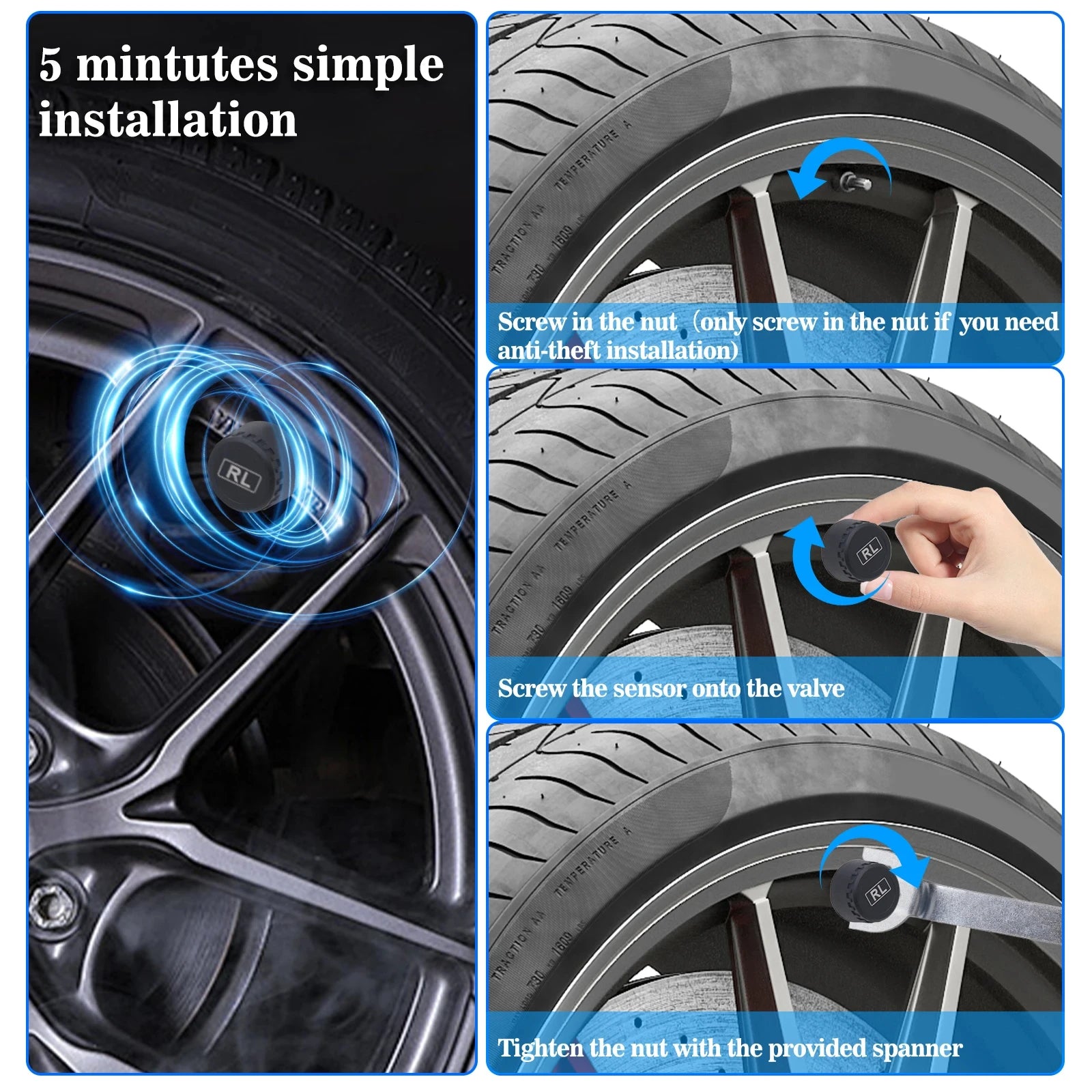 TPMS Solar Tire Pressure Monitoring System – 4 Wheel Sensor Car Tire Pressure Alarm (Internal/External)