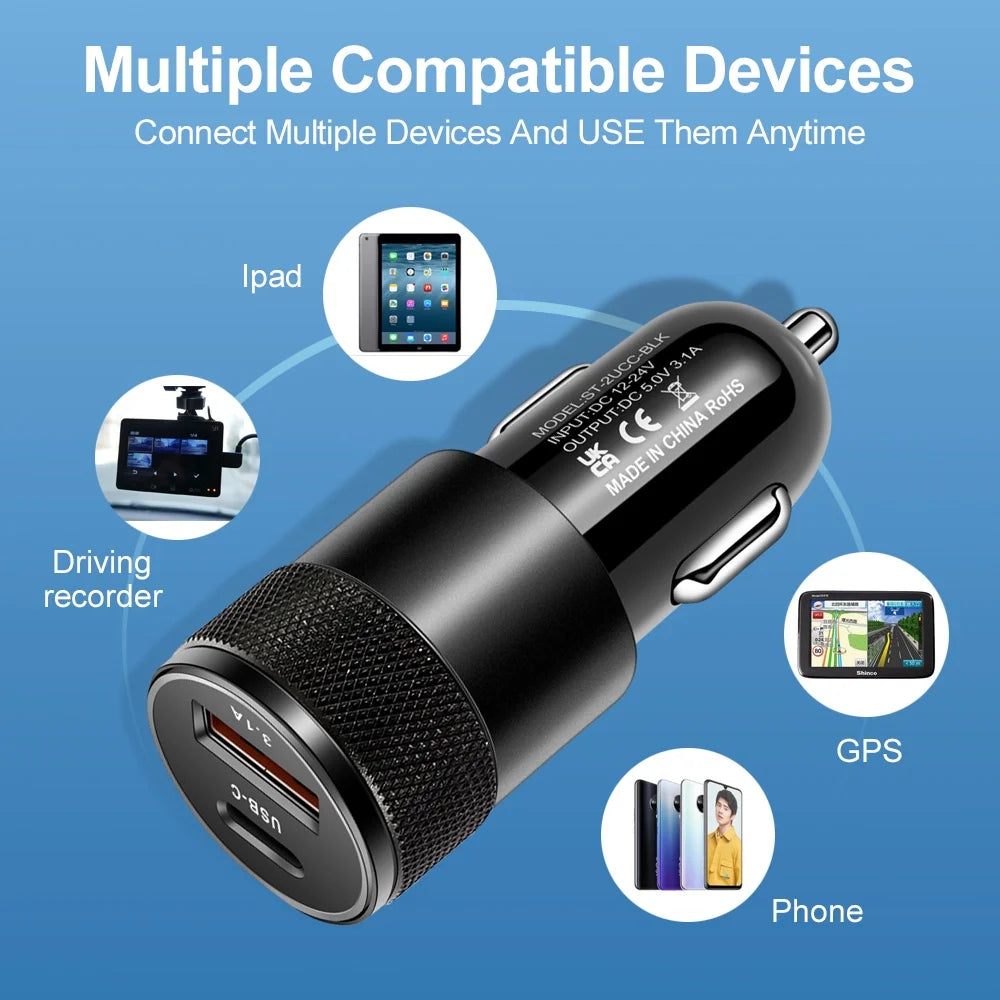 66W USB Car Charger – Type-C PD Fast Charging Adapter for Xiaomi & Huawei