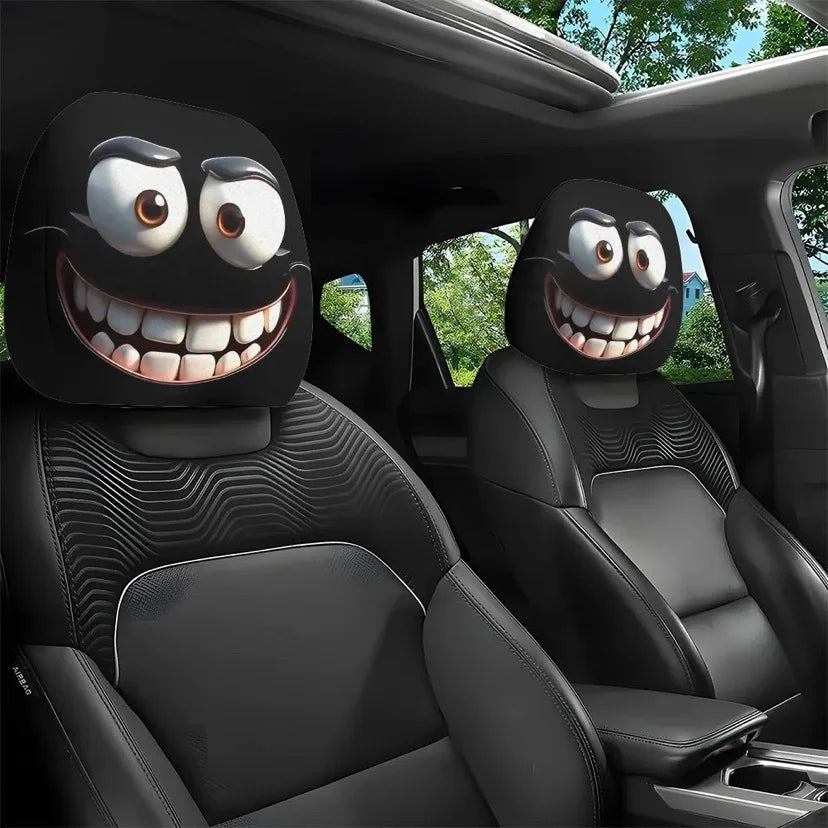 2PCS Cartoon Headrest Covers – Funny Slanted Eyes Car Seat Interior Decoration (Holiday Style)