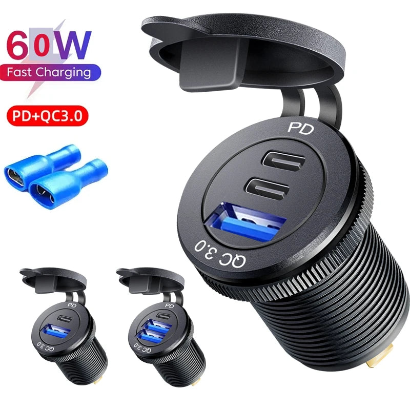3-Port Car USB Charger Socket USB-C PD + QC 3.0 | שקע טעינה 3 יציאות לרכב