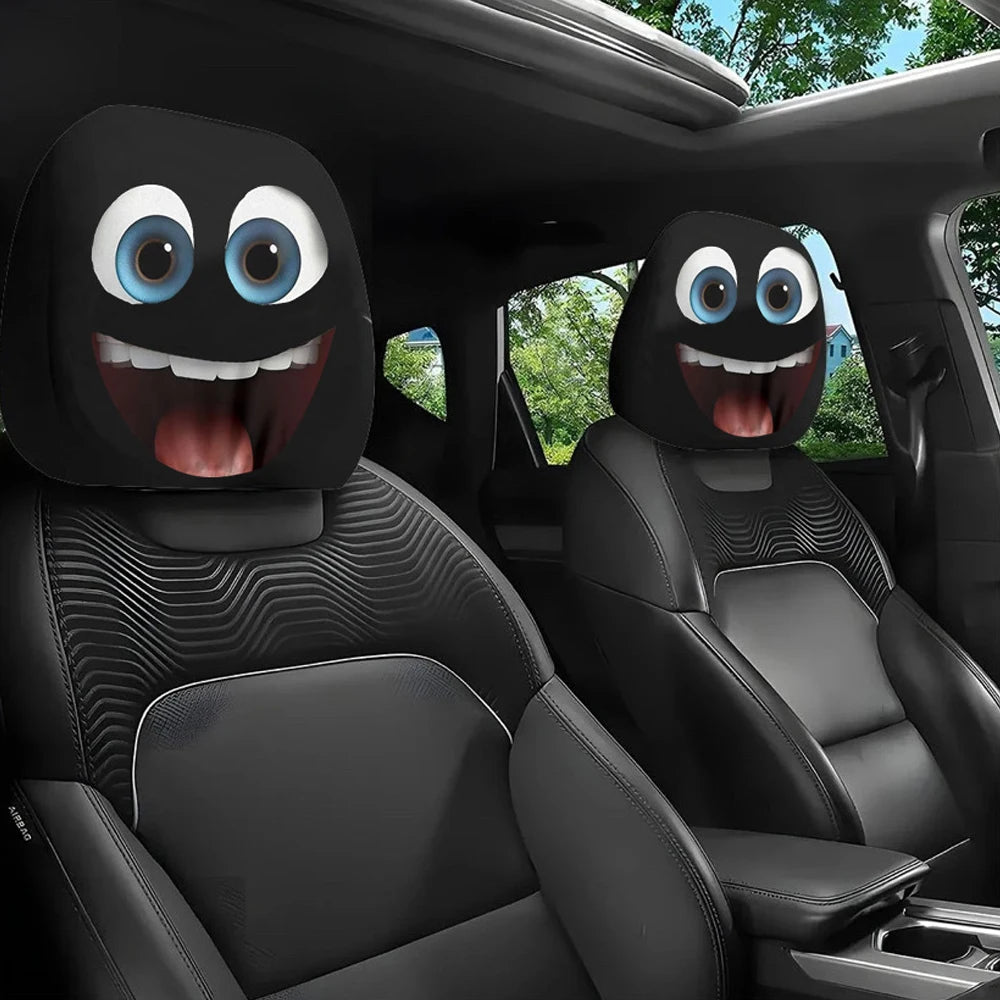 2PCS Cartoon Headrest Covers – Funny Slanted Eyes Car Seat Interior Decoration (Holiday Style)