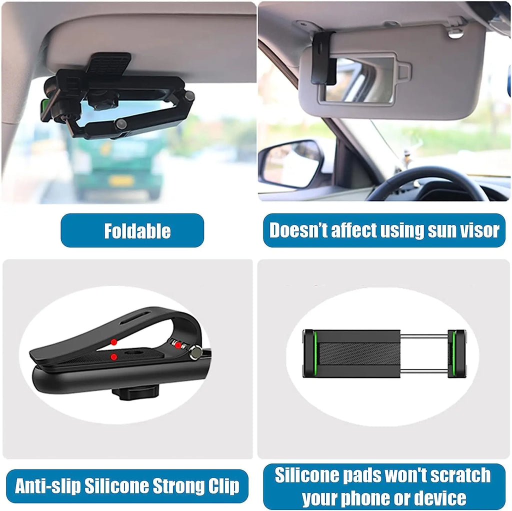 Sun Visor Phone Holder for Car – 360° Rotating Multifunction Clip Mount for iPhone & Android
