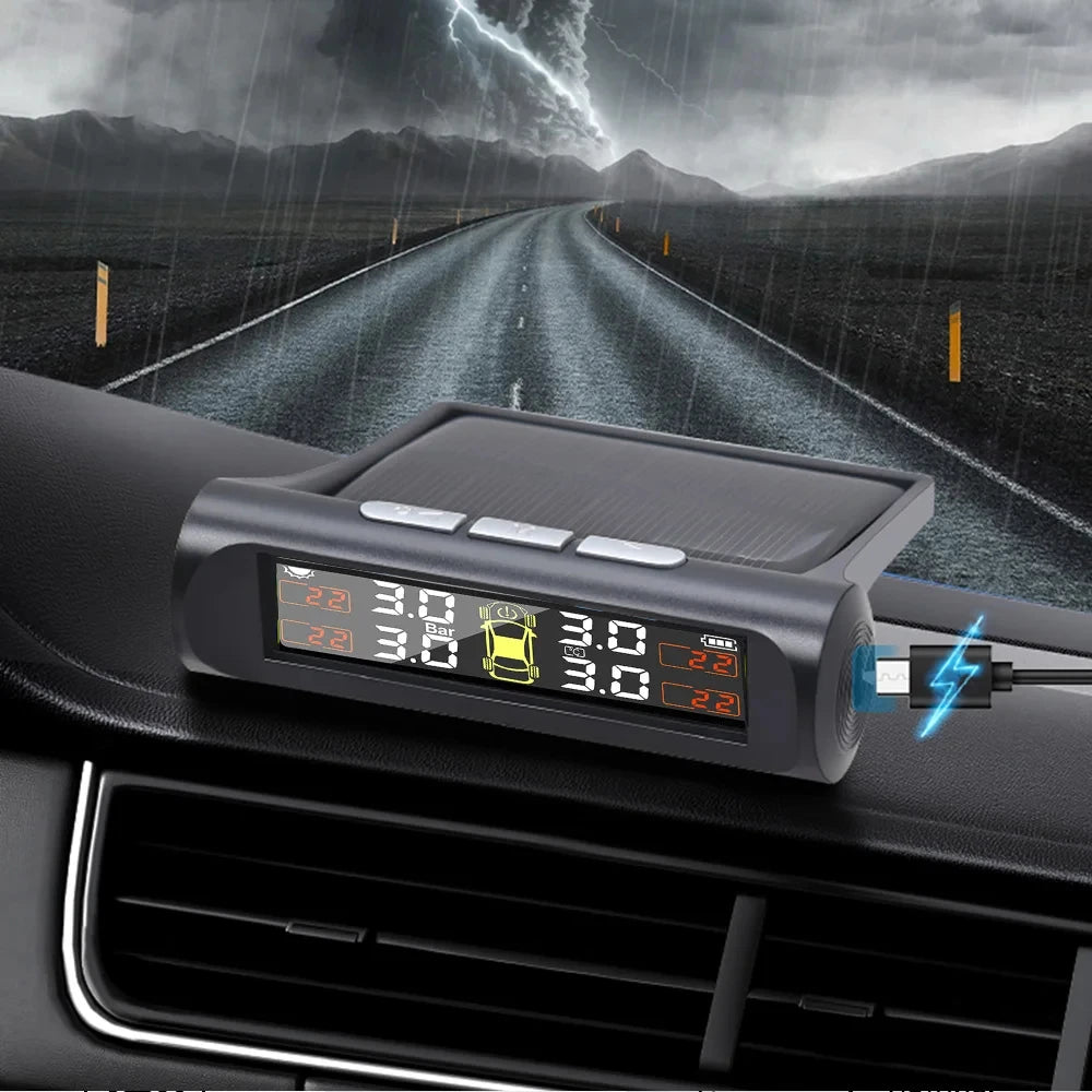 TPMS Solar Tire Pressure Monitoring System – 4 Wheel Sensor Car Tire Pressure Alarm (Internal/External)