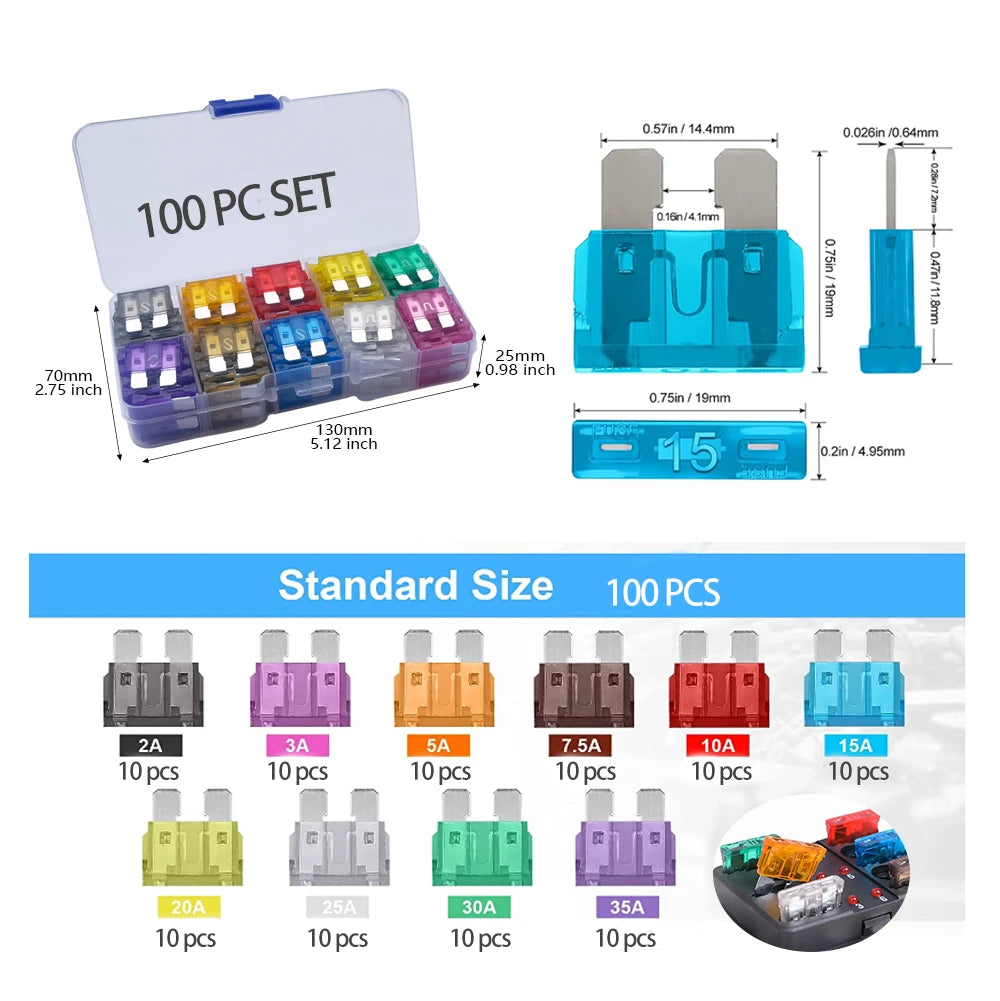 100pcs Car Blade Fuses Set – 2A to 35A Assorted Automotive Fuse Kit for Car/RV/Truck