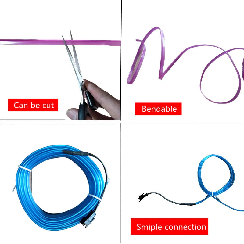 Car Interior LED Neon Strip – EL Wire Ambient Light (1M/3M/5M USB Flexible Decorative Lamp)