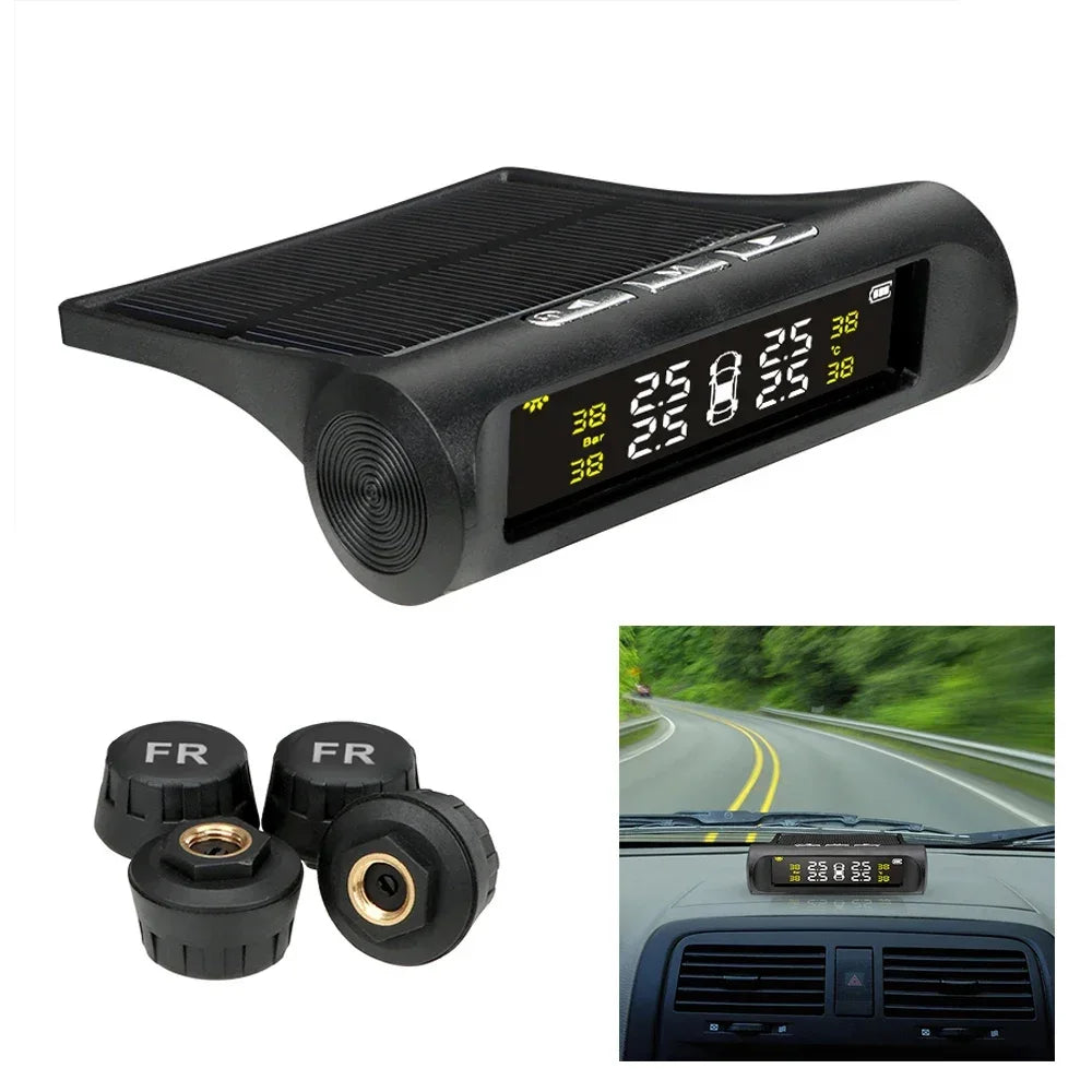TPMS Solar Tire Pressure Monitoring System – 4 Wheel Sensor Car Tire Pressure Alarm (Internal/External)
