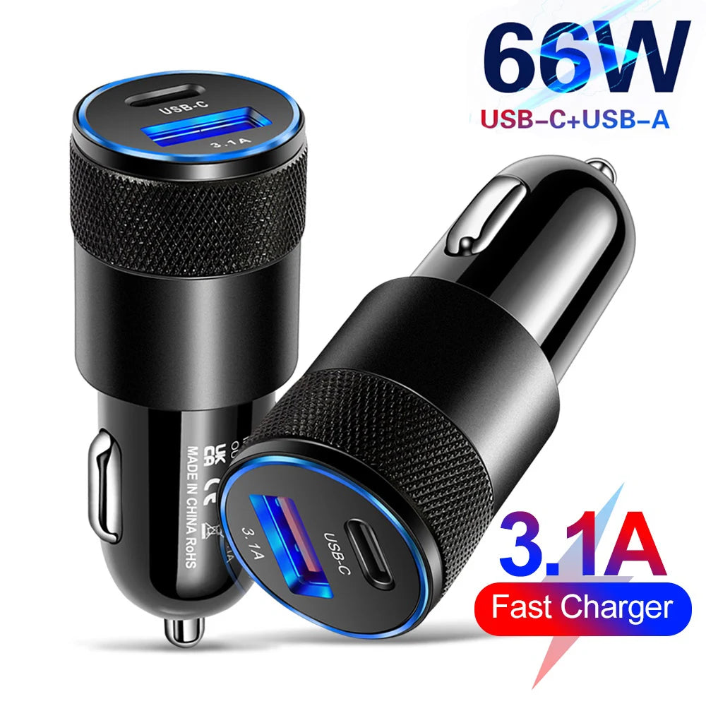 66W USB Car Charger – Type-C PD Fast Charging Adapter for Xiaomi & Huawei