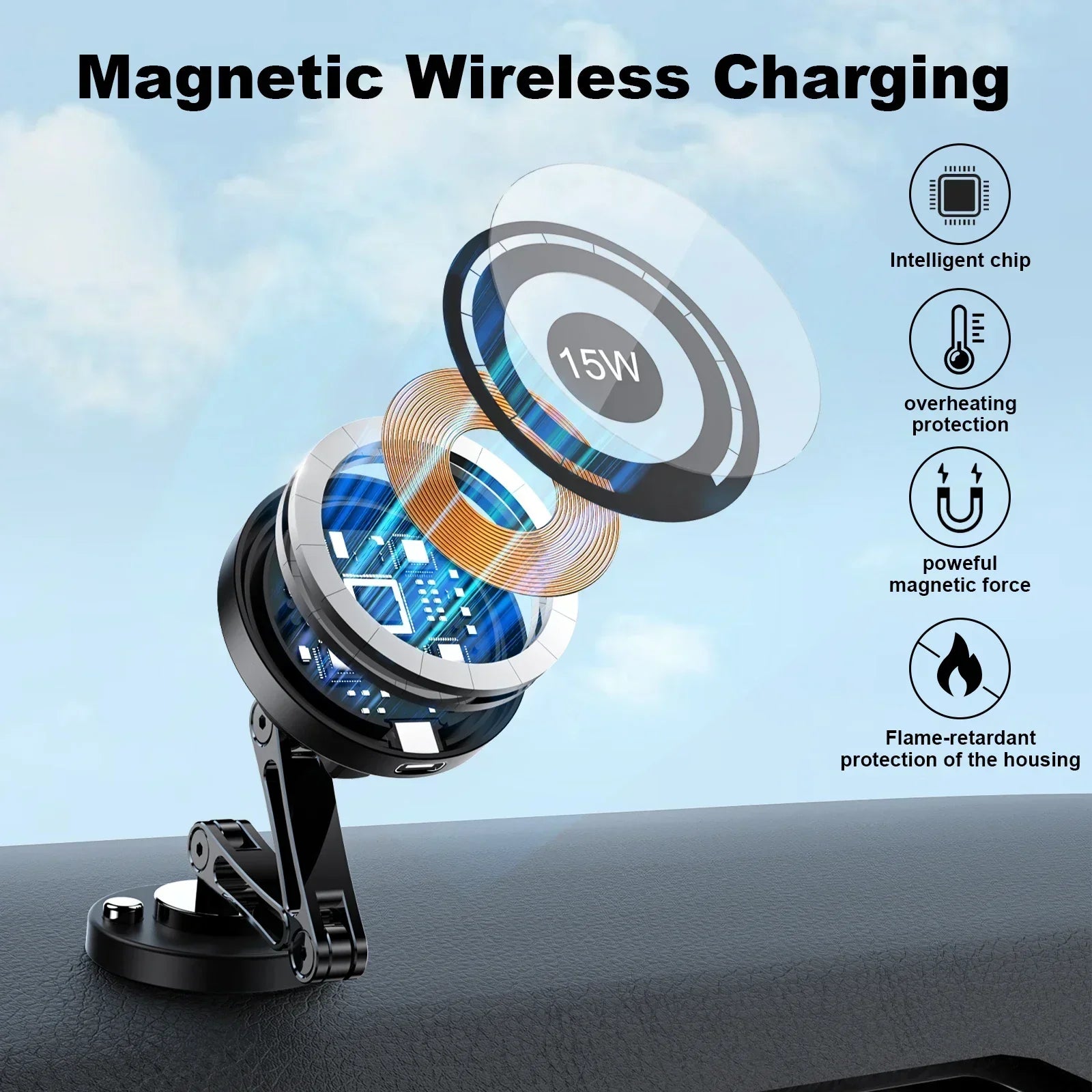 Magnetic Car Phone Holder & Wireless Charger 15W | מעמד טלפון מגנטי עם טעינה אלחוטית 15W