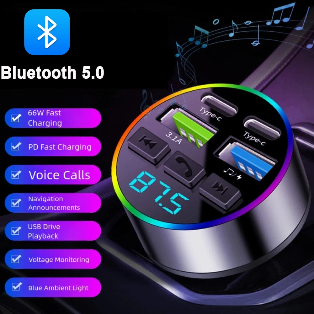 Bluetooth 5.0 FM Transmitter Car Charger – USB MP3 Player & Hands-Free Adapter
