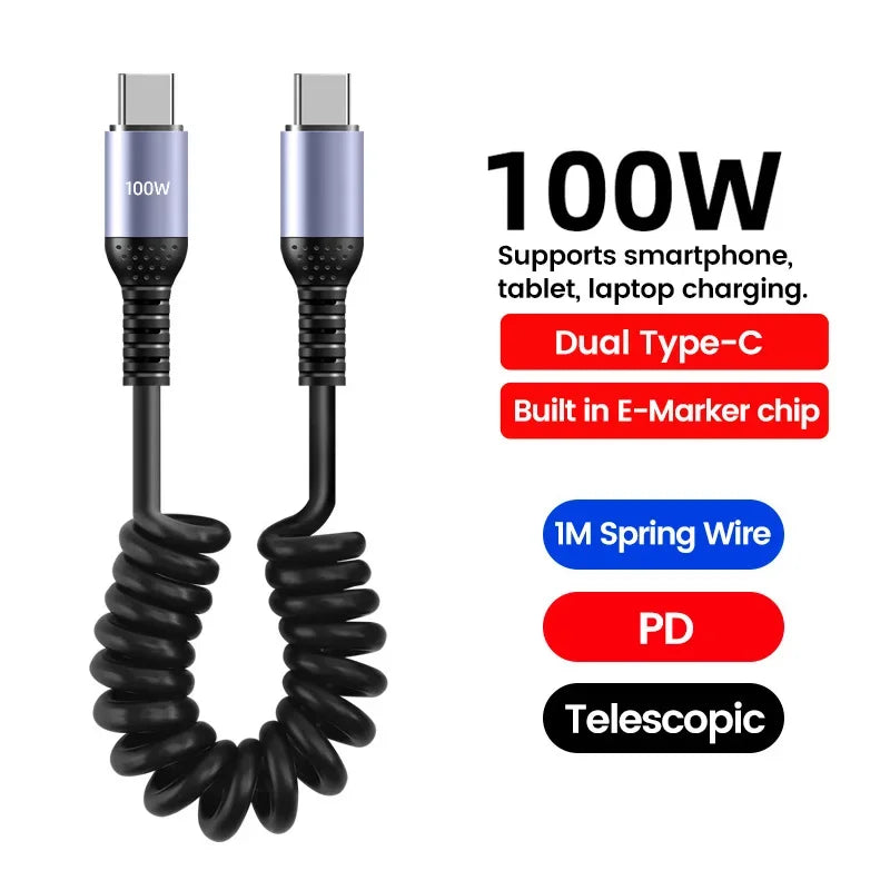 Short Spring USB-C Cable 66W 20cm-1m | כבל USB-C ספירלי קצר 66W