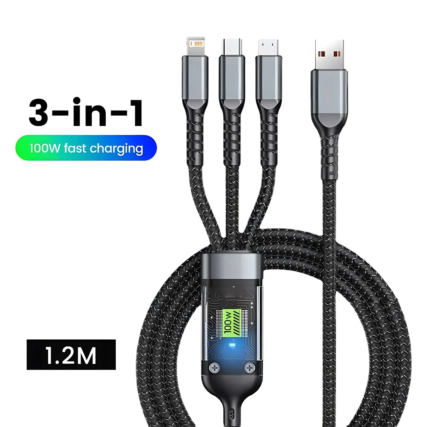 3-in-1 Fast Charging Cable 100W USB-C/Micro/Lightning | כבל טעינה 3 ב-1 100W