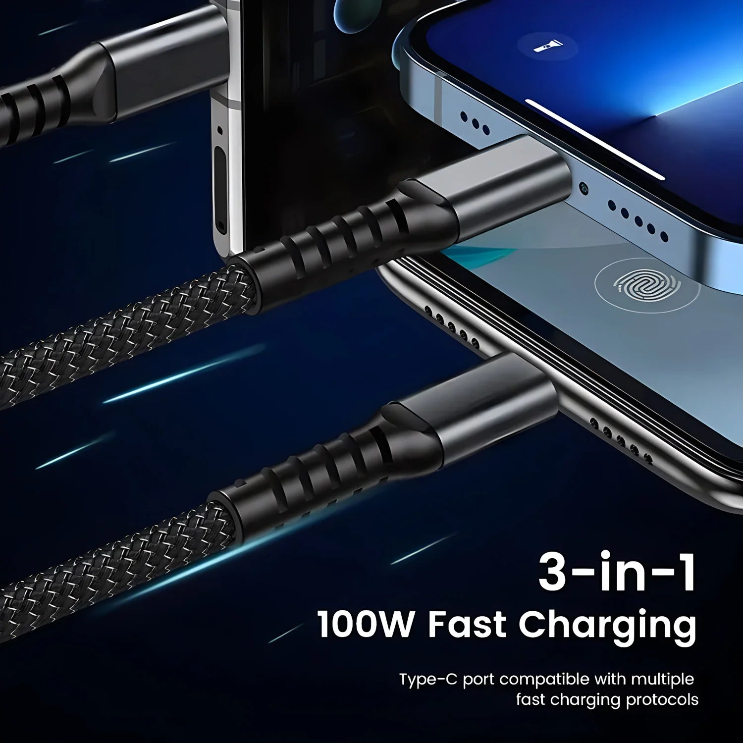 3-in-1 Fast Charging Cable 100W USB-C/Micro/Lightning | כבל טעינה 3 ב-1 100W