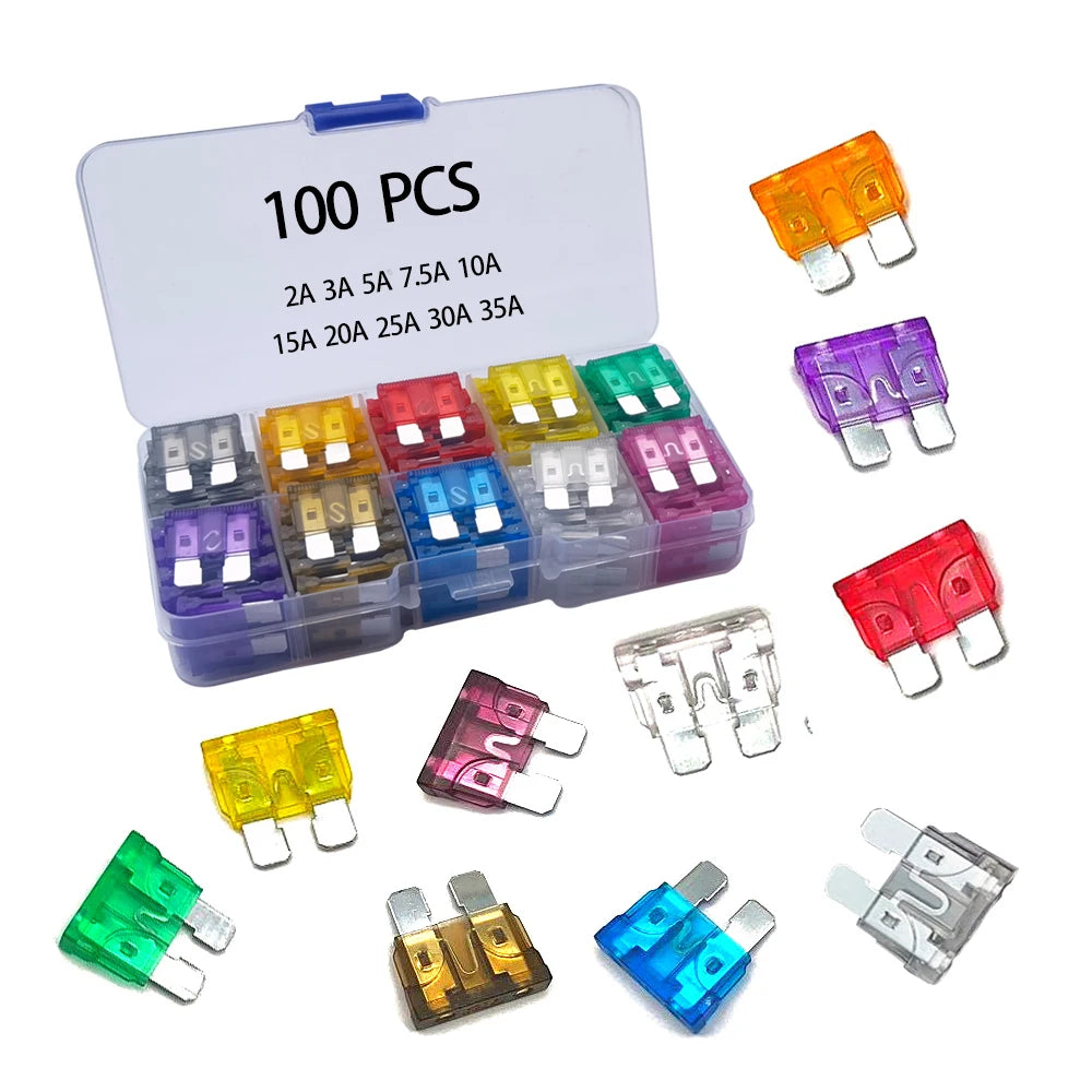 100pcs Car Blade Fuses Set – 2A to 35A Assorted Automotive Fuse Kit for Car/RV/Truck