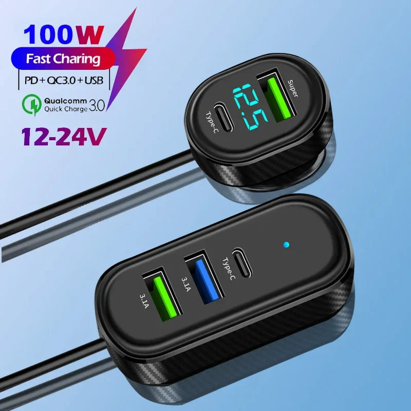 5-in-1 Car Charger 100W Dual USB+Type-C | מטען רכב 5 ב-1 100W USB+Type-C