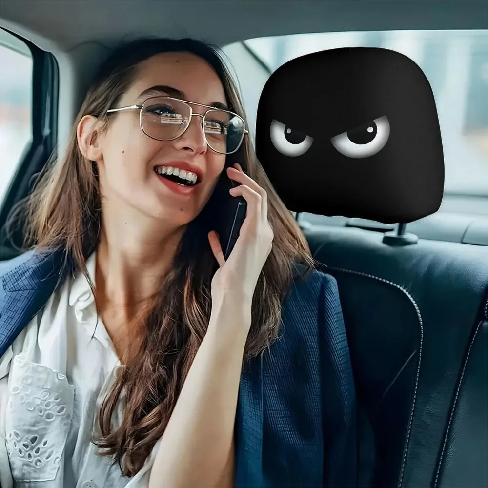 2PCS Cartoon Headrest Covers – Funny Slanted Eyes Car Seat Interior Decoration (Holiday Style)