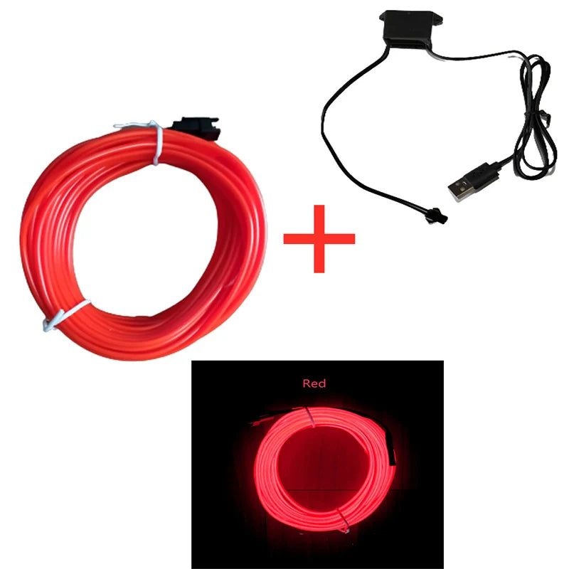Car Interior LED Neon Strip – EL Wire Ambient Light (1M/3M/5M USB Flexible Decorative Lamp)