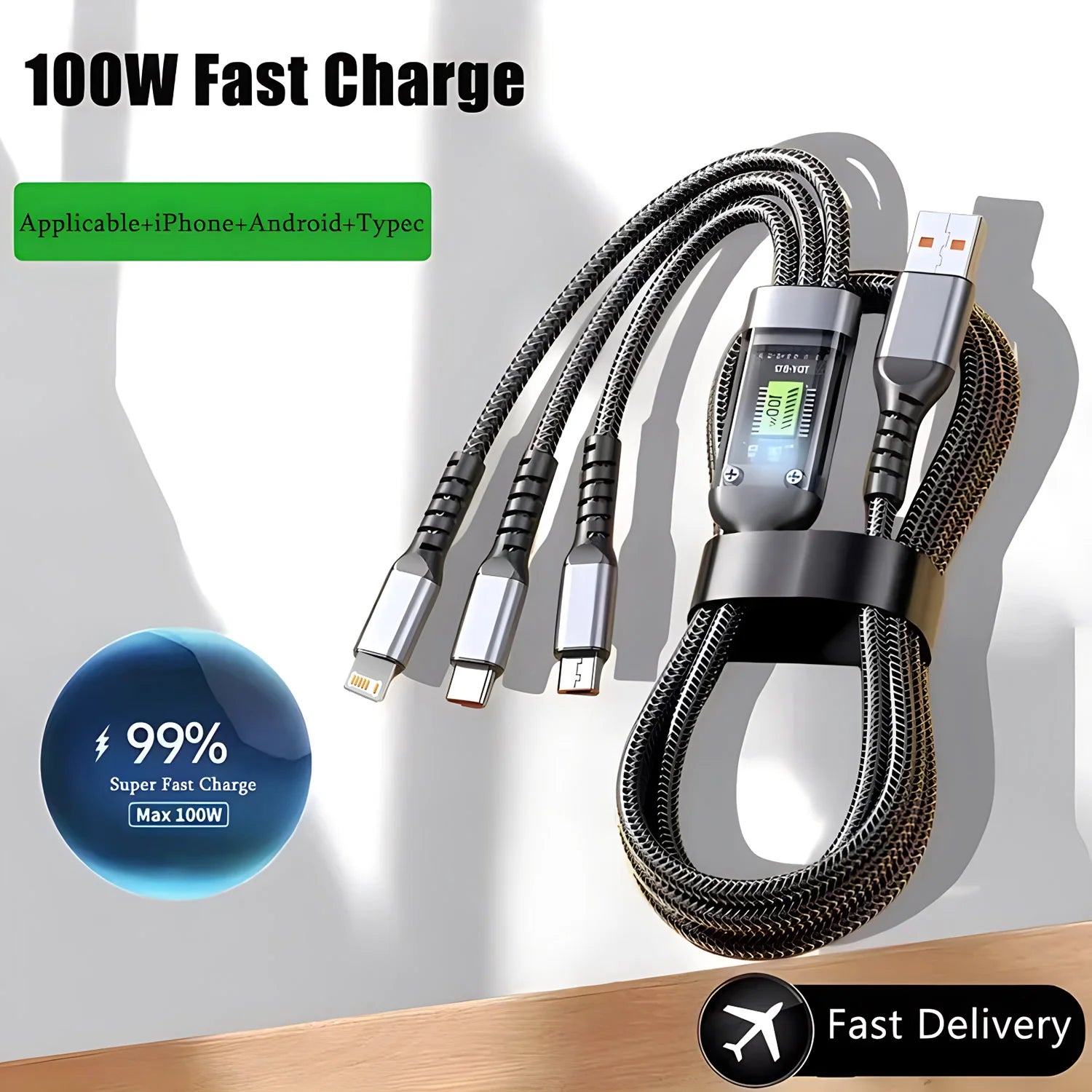 3-in-1 Fast Charging Cable 100W USB-C/Micro/Lightning | כבל טעינה 3 ב-1 100W