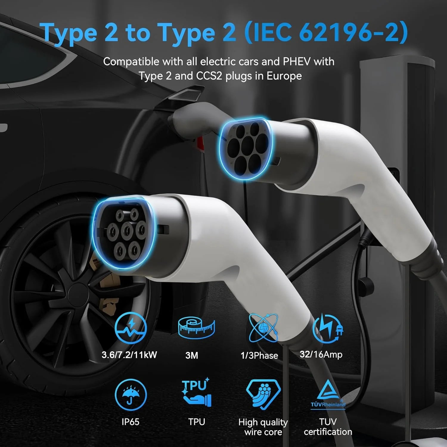 EV Charging Cable Type 2 16A/32A 11kW 3M | כבל טעינה EV Type 2 11kW 3M