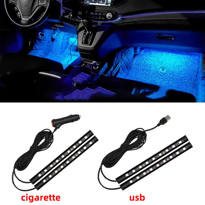 2-in-1 LED Car Neon Foot Light – USB & Cigarette Lighter Interior Atmosphere Lamp