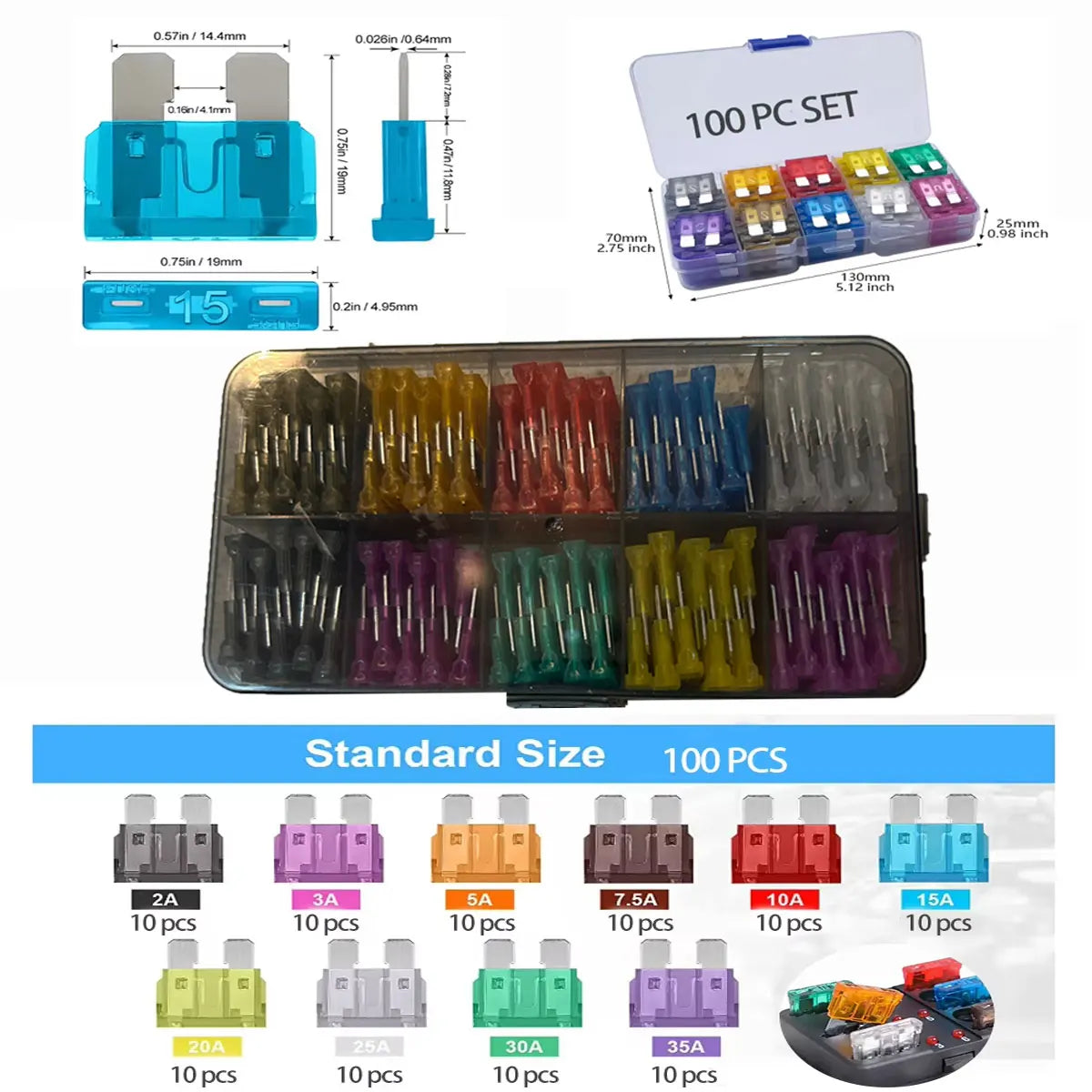 100pcs Car Blade Fuses Set – 2A to 35A Assorted Automotive Fuse Kit for Car/RV/Truck